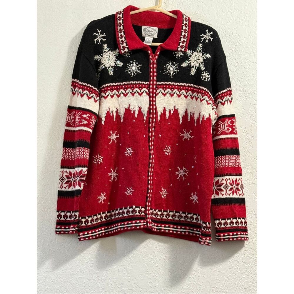 VTG Stitches in Time Snowflake Christmas Sweater Zip Cardigan Red  L beaded